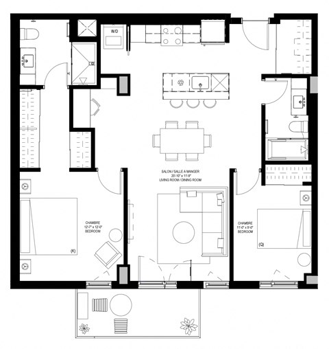Floor plan for 2 beds, 2 baths, 1083 sqft